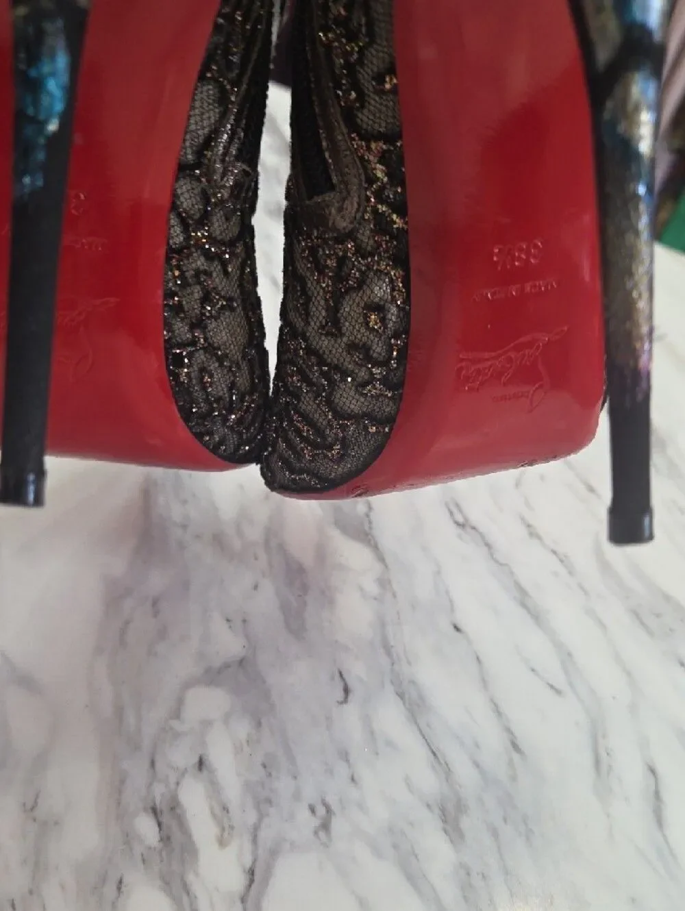 Christian Louboutin Metallic Gold and Black Lace Pointed-Ankle Boots